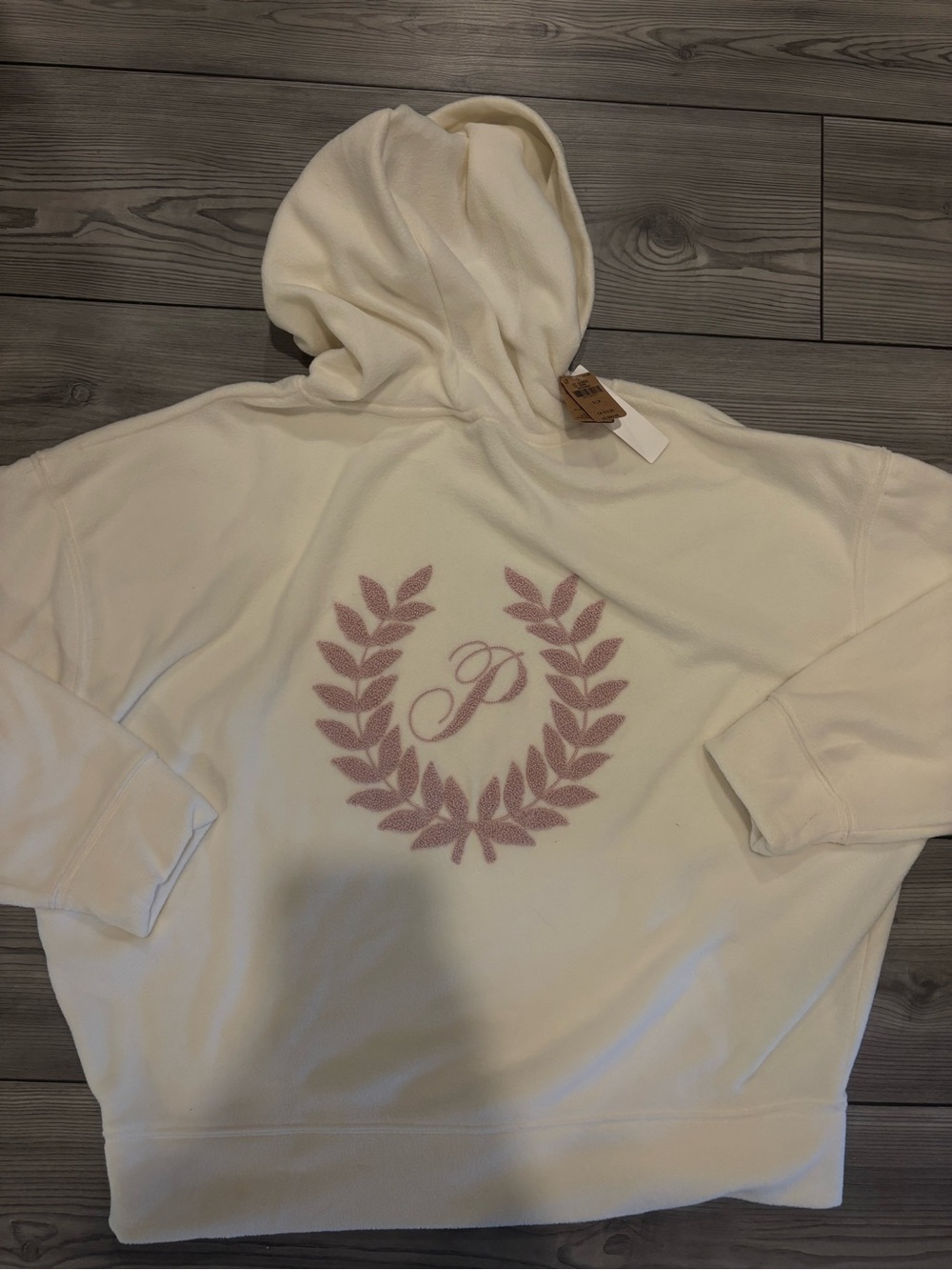 Victoria's Secret Cream Hoodie with Pink Wreath Emblem